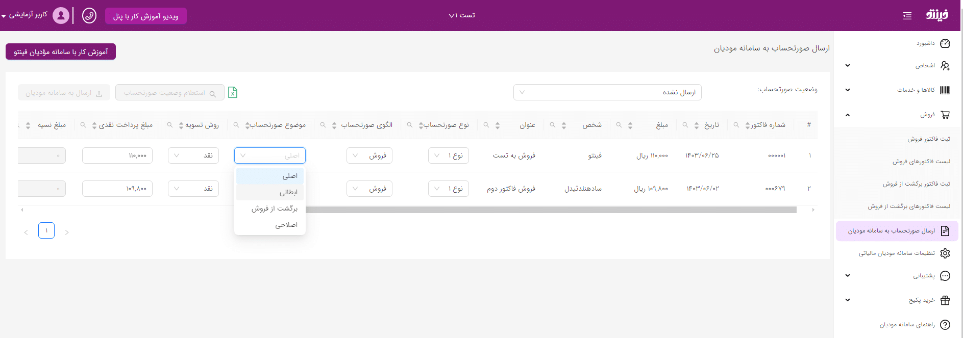 فامتور ابطالی در سامانه مودیان